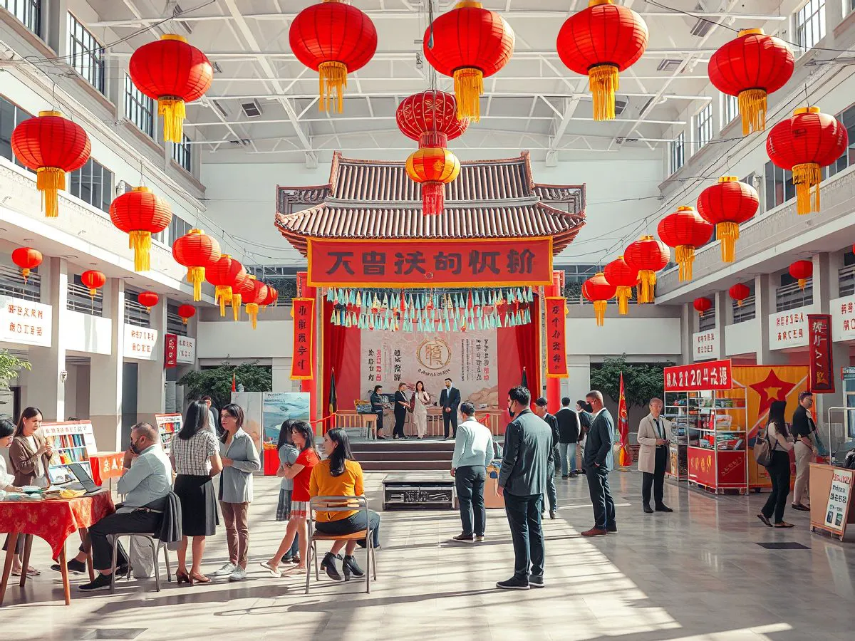 社区传统节日庆典活动现场，红灯笼、舞台与家庭参与