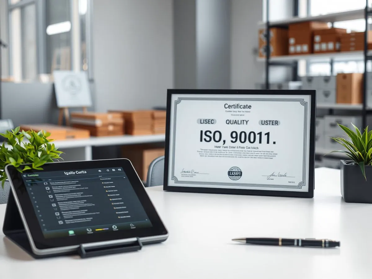 ISO 9001质量管理体系认证证书摆放在办公桌上，旁边有平板电脑和绿植