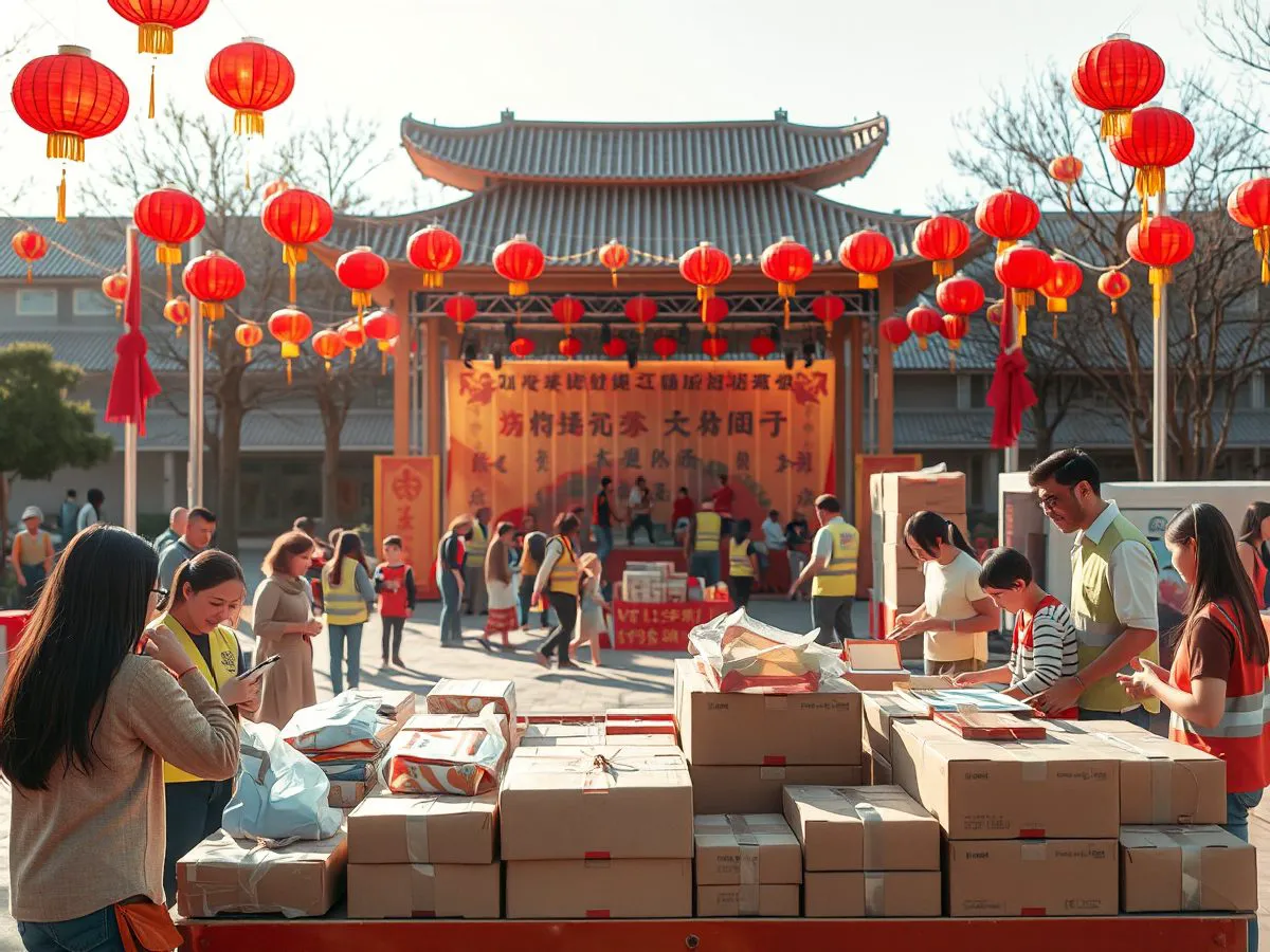 社区节庆活动现场，居民参与互动游戏，舞台和装饰营造节日氛围