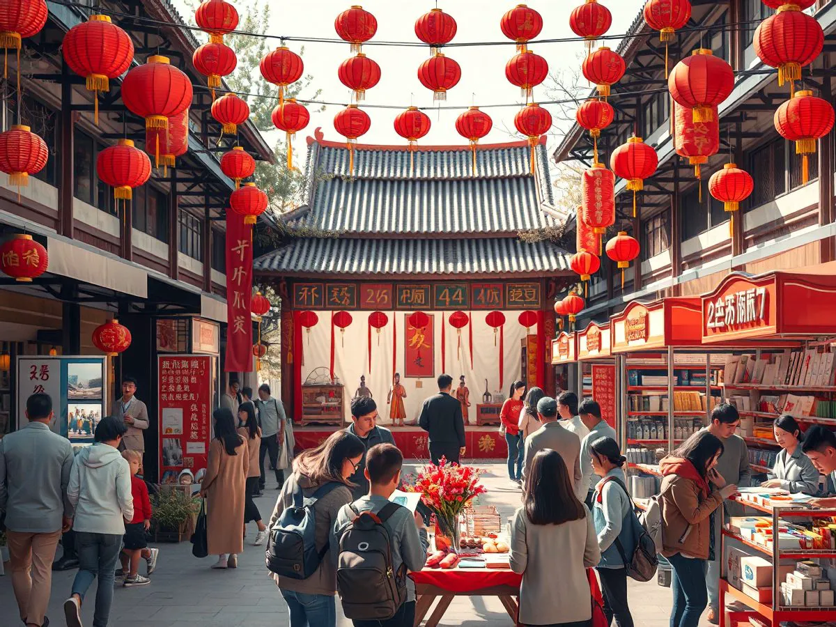 社区春节庆典活动现场，舞龙舞狮舞台和居民互动场景
